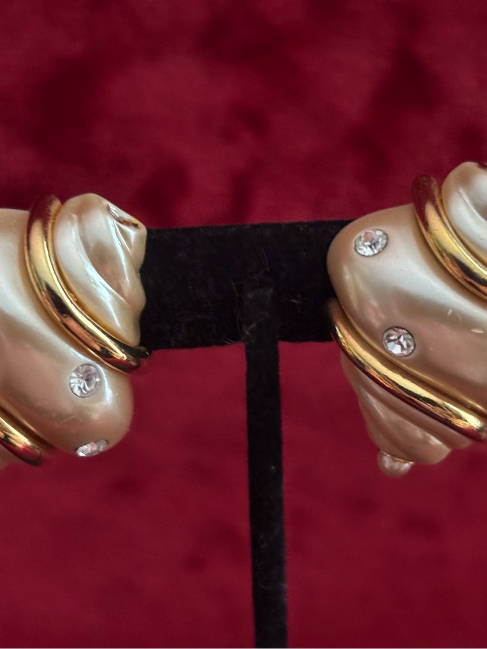 Vintage Pearl-Tone Gold-Trim Crystal Clip Earrings